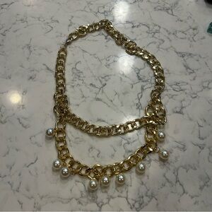 Gold Toned Double Chain w/ Faux Pearl Necklace/Belly Chain